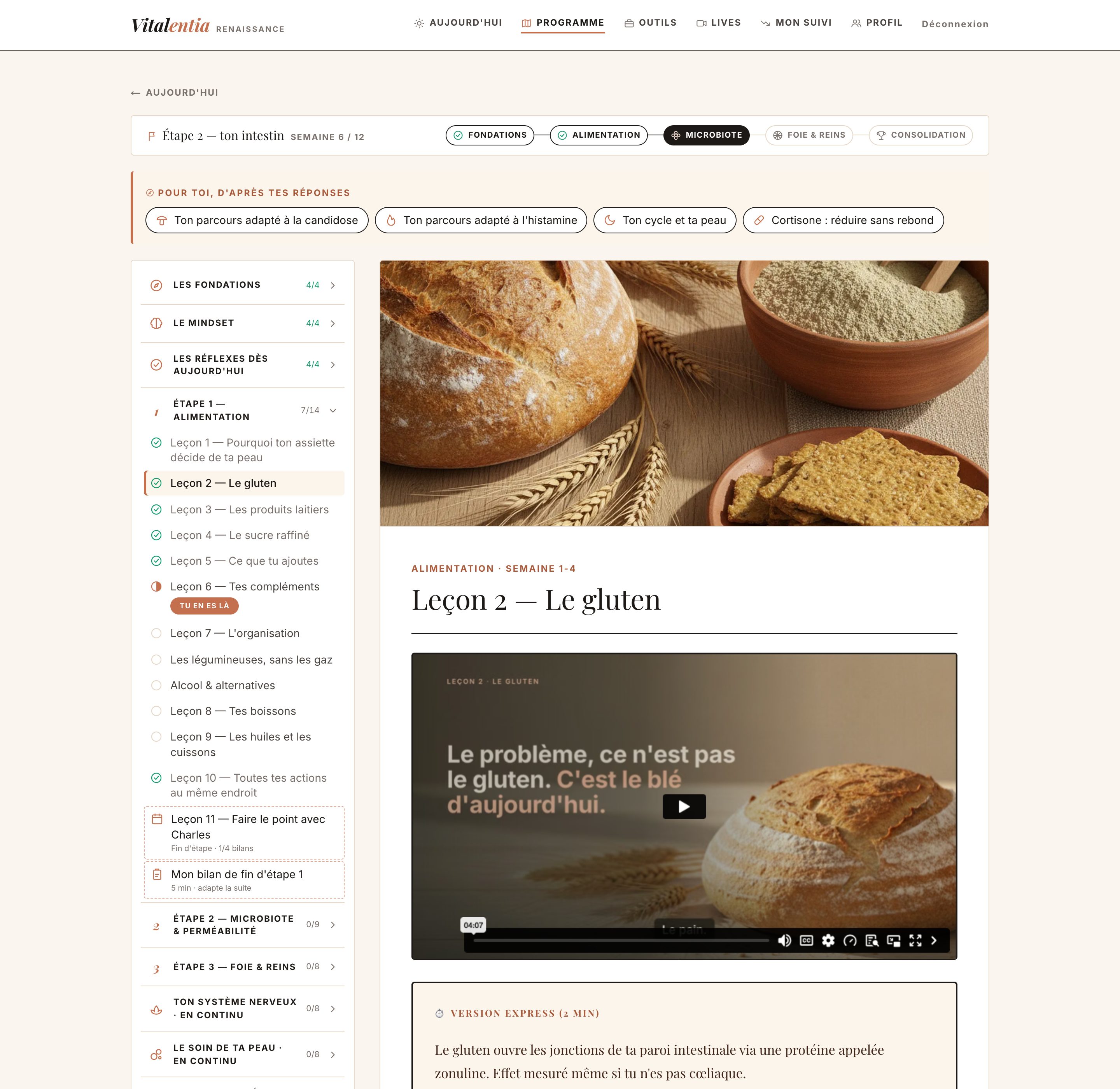 Une leçon vidéo de l'étape 1 : le gluten