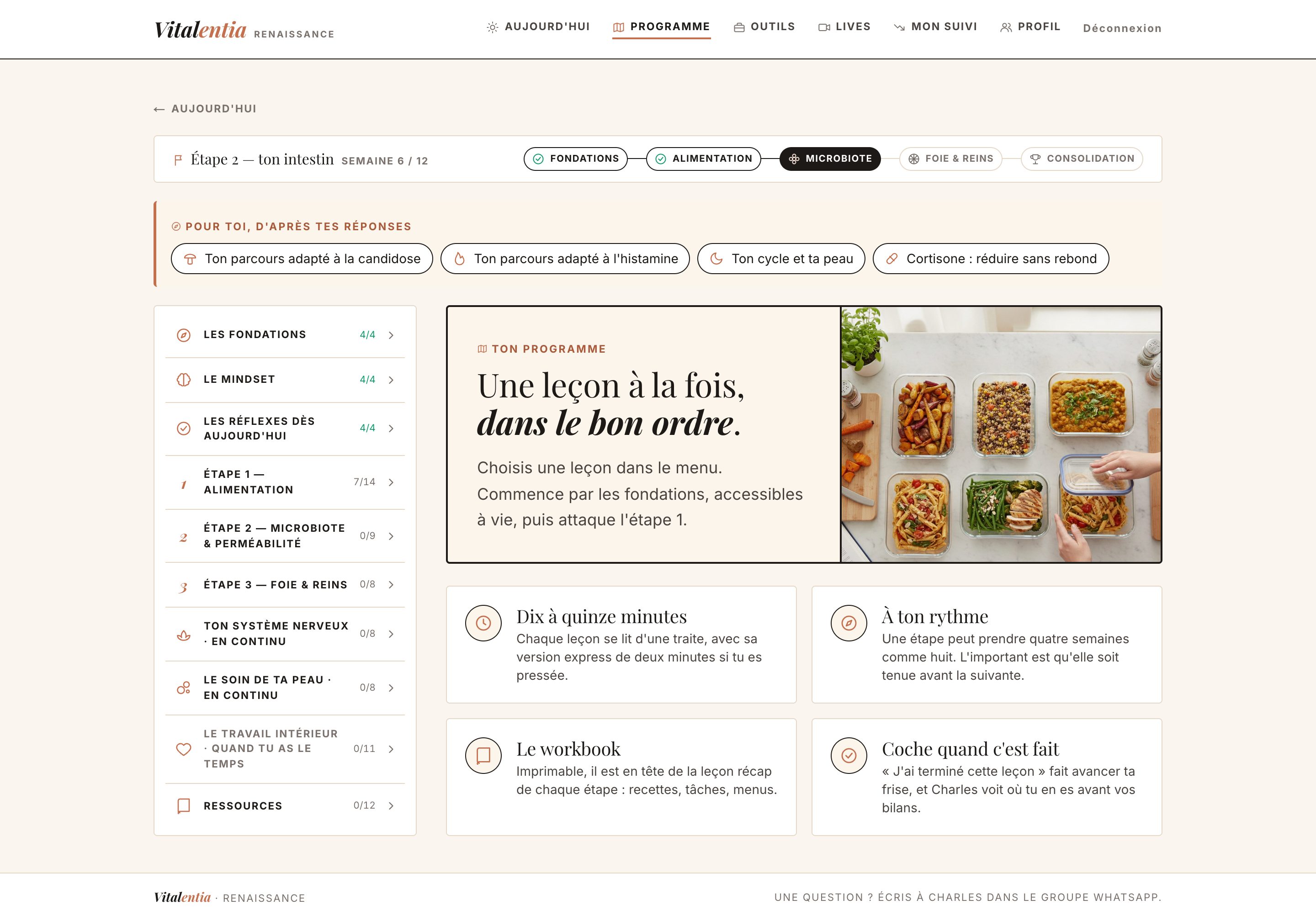 Le menu du programme : système nerveux, soin de la peau, travail intérieur