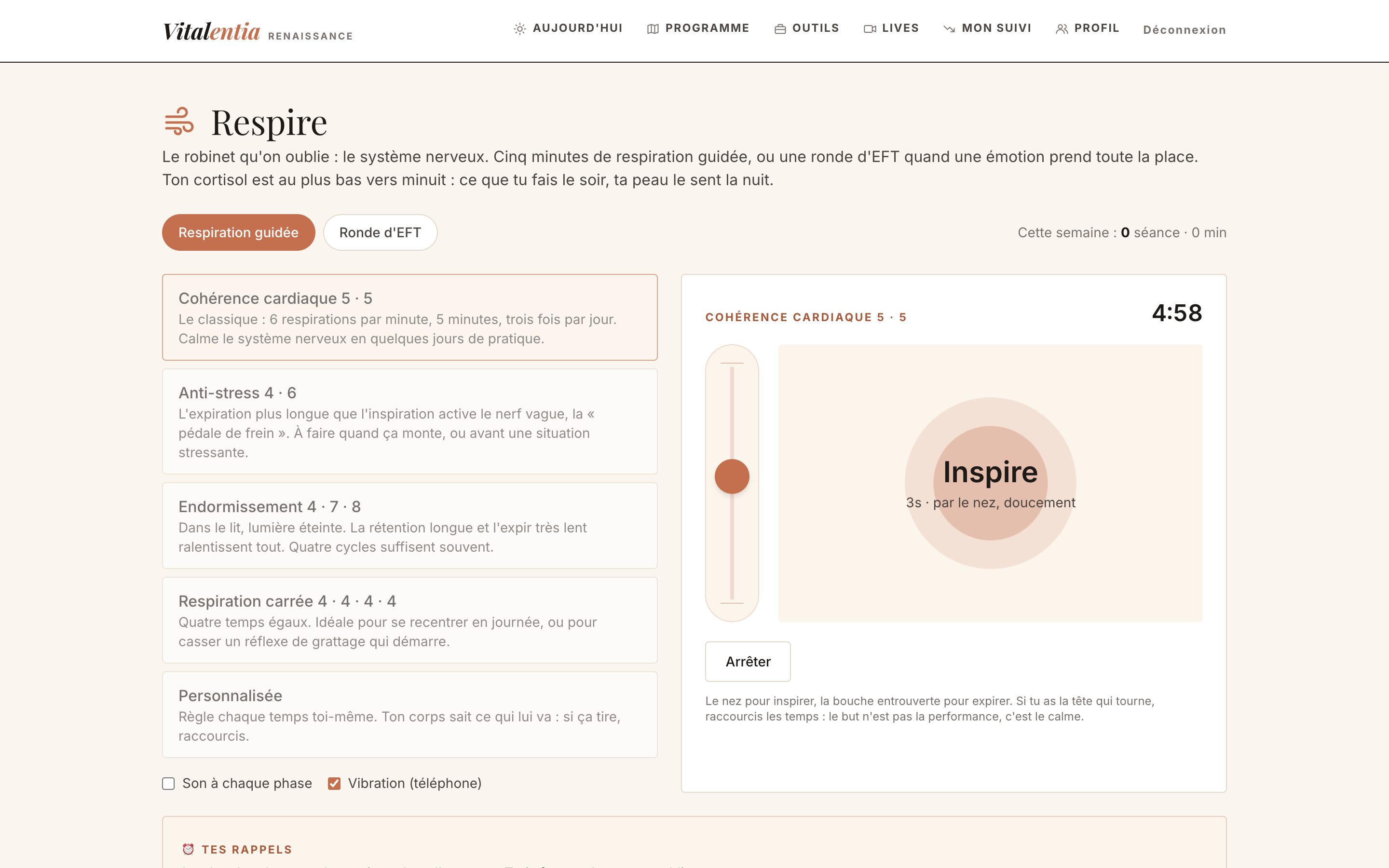 L'outil Respire : respiration guidée avec curseur, et rondes d'EFT